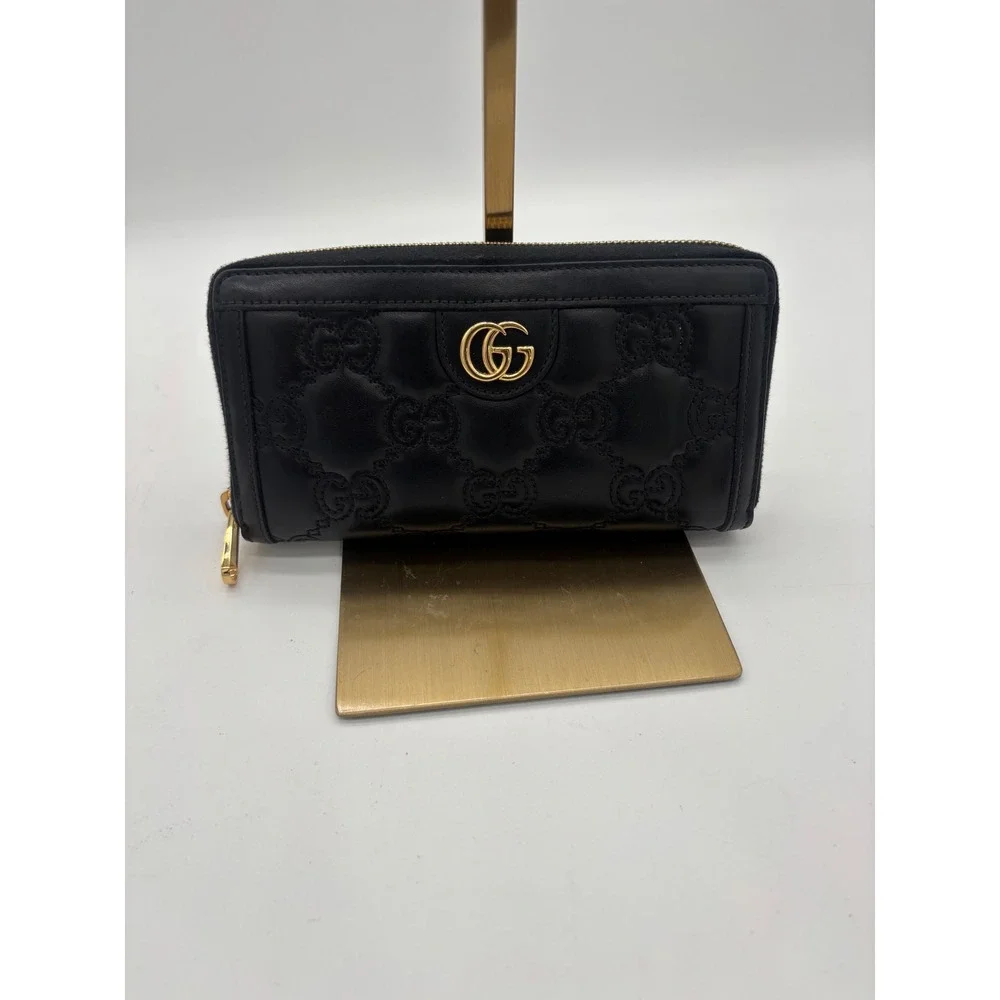 Gucci Zip Around Wallet Women's Black GG Matelasse Quilted Leather Gold Hardware